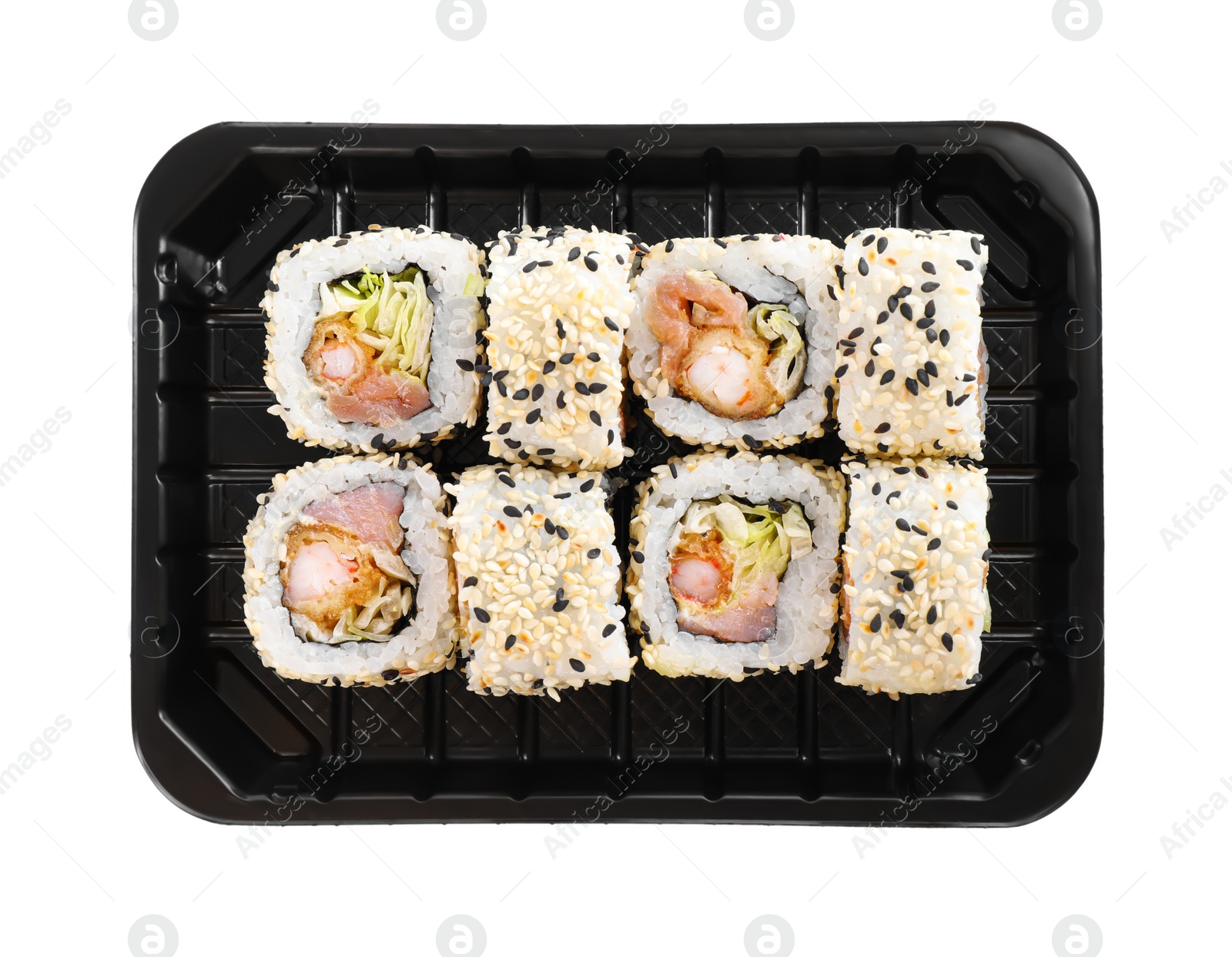 Photo of Tasty sushi rolls with shrimps in box on white background, top view