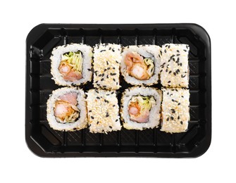 Photo of Tasty sushi rolls with shrimps in box on white background, top view