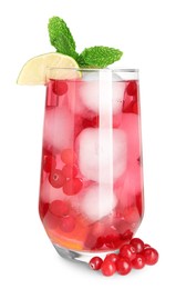 Photo of Tasty cranberry cocktail with ice cubes, lime and mint in glass isolated on white