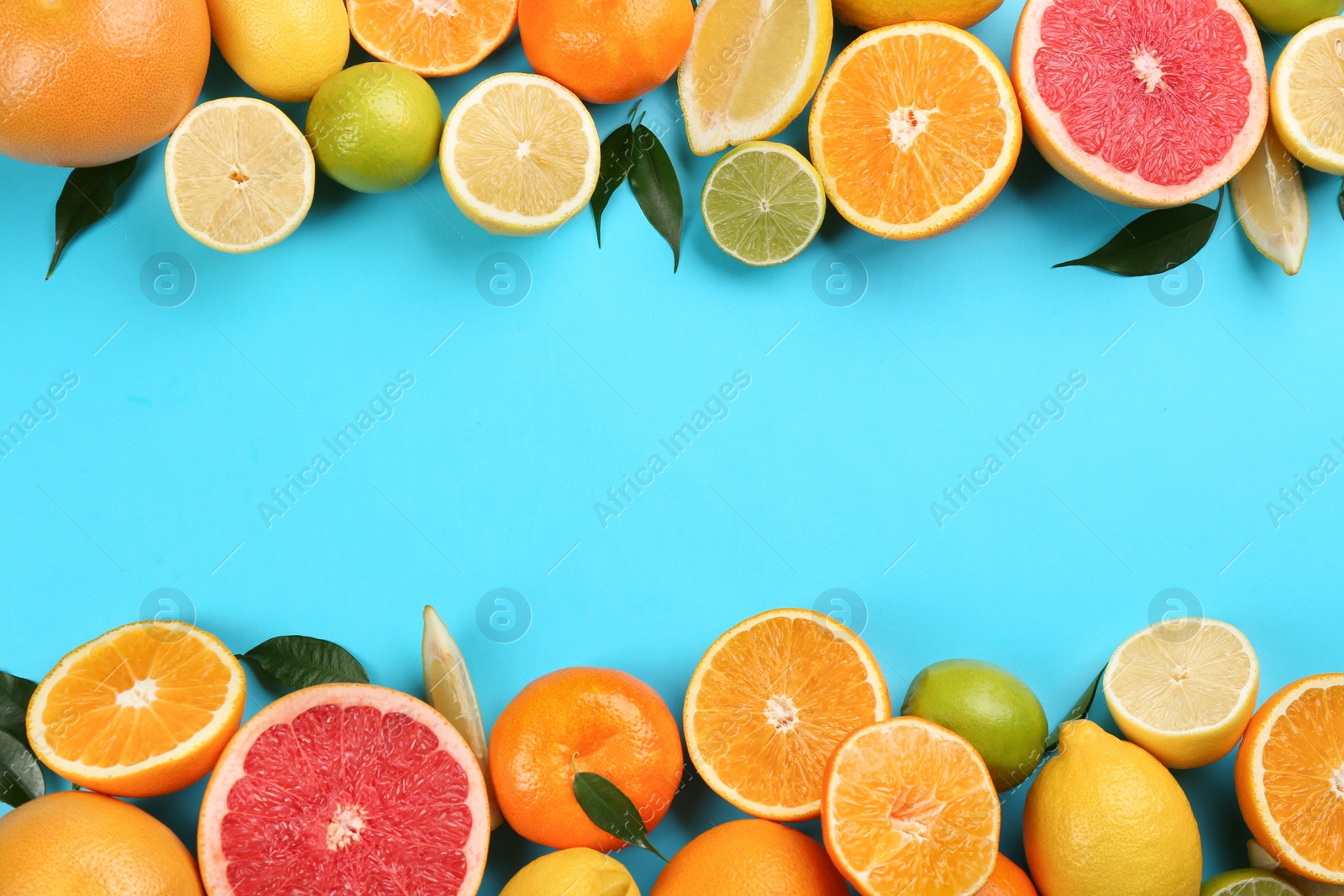 Photo of Flat lay composition with tangerines and different citrus fruits on blue background. Space for text