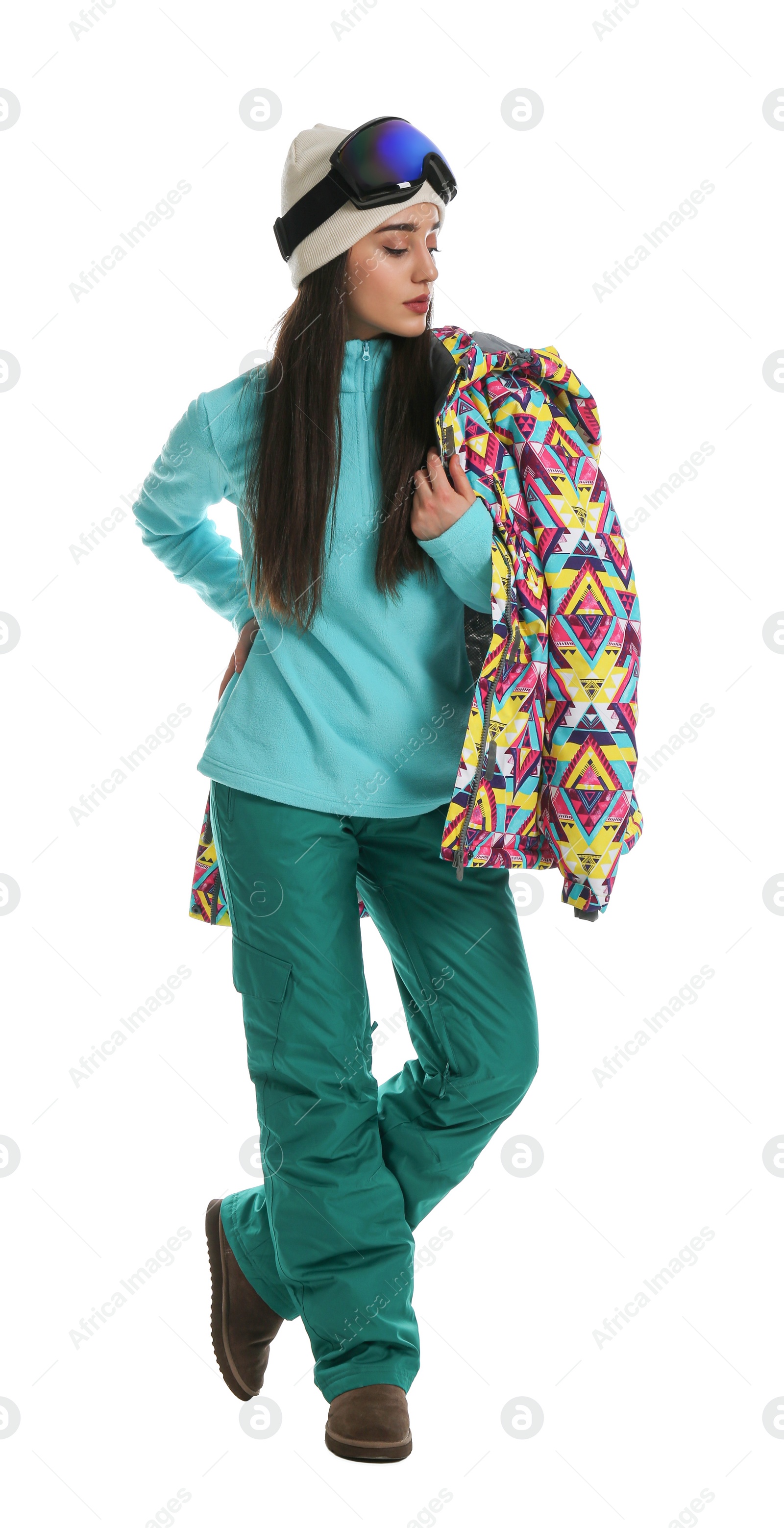 Photo of Woman wearing stylish winter sport clothes on white background