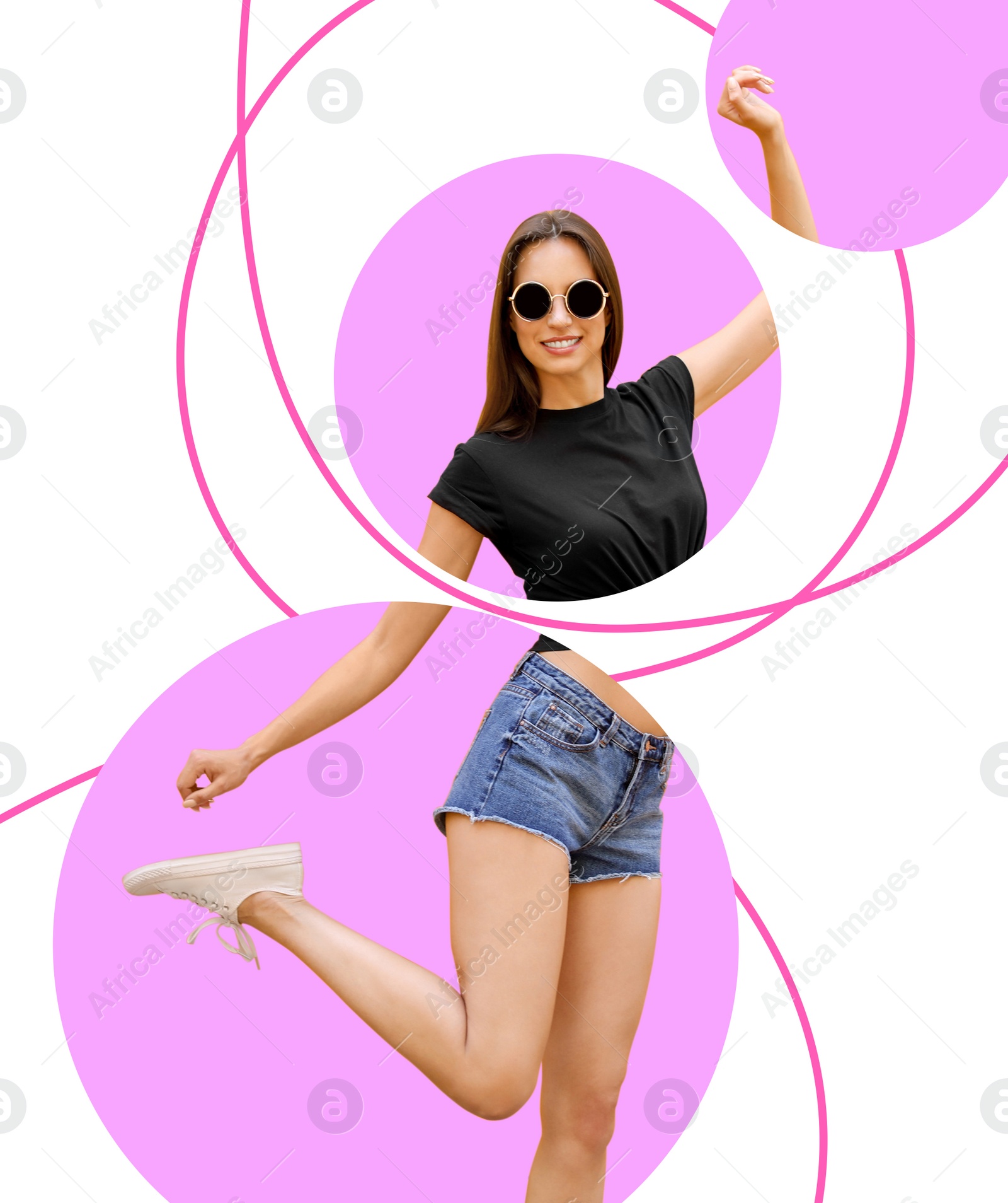 Image of Young woman jumping on color background, stylish design. Summer vibes