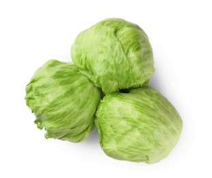 Fresh green iceberg lettuces isolated on white, top view