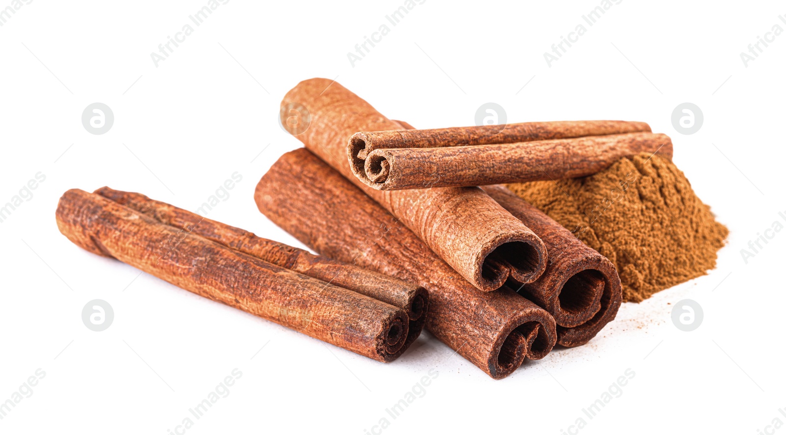 Photo of Dry aromatic cinnamon sticks and powder isolated on white