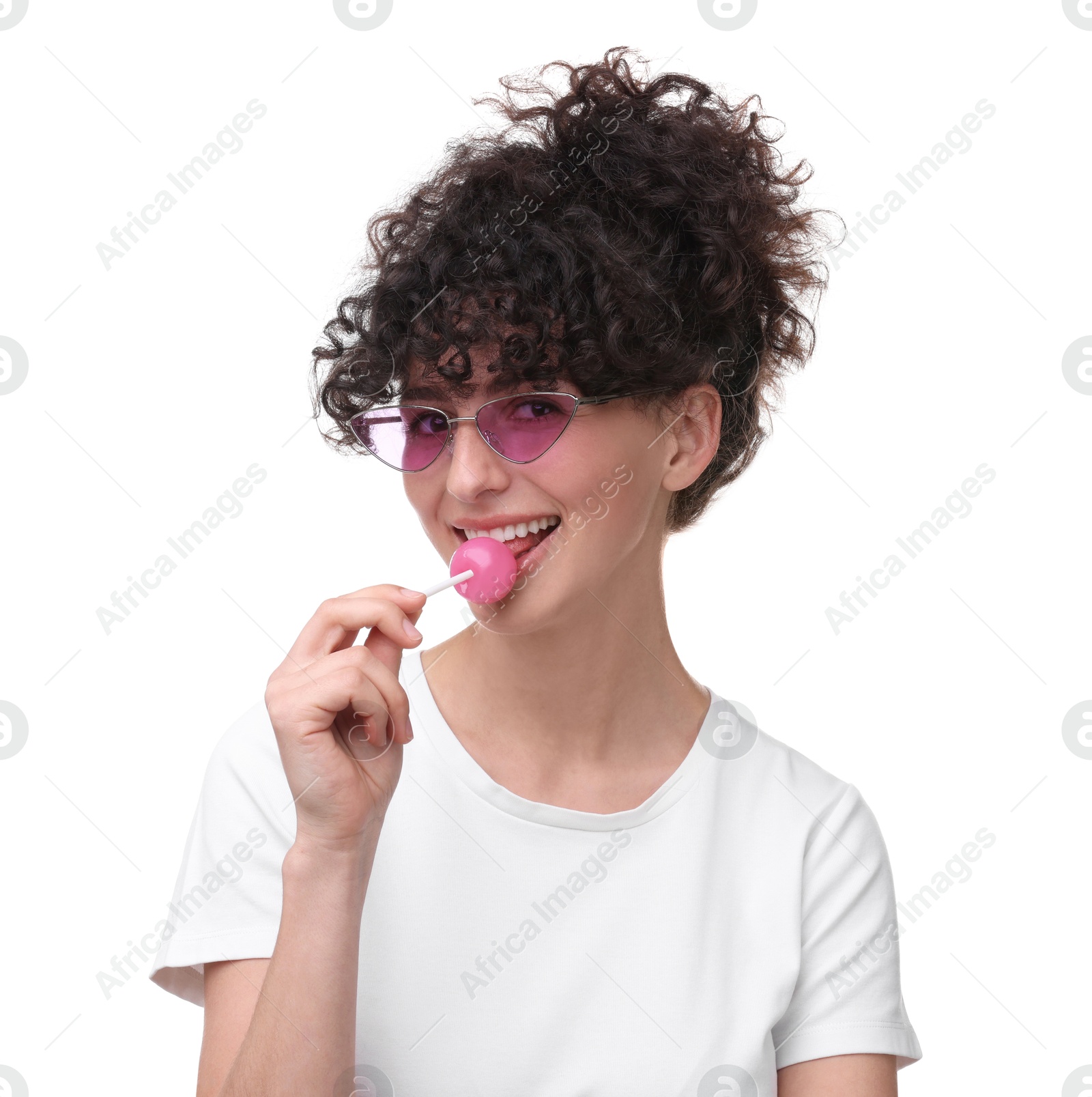 Photo of Beautiful woman in sunglasses with lollipop on white background