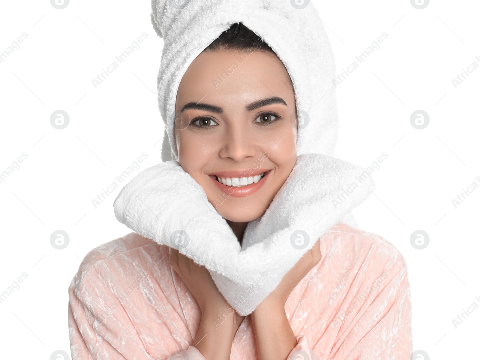 Photo of Young woman wiping face with towel on white background