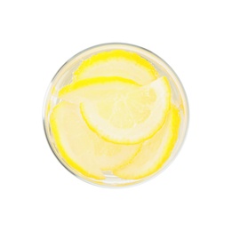 Photo of Soda water with lemon slices isolated on white, top view