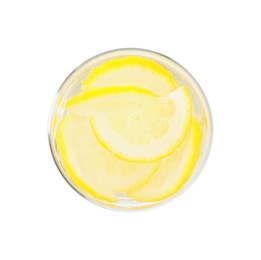 Soda water with lemon slices isolated on white, top view