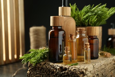 Photo of Essential oils in bottles, rosemary and wood on table against black background, closeup