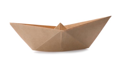 Handmade beige paper boat isolated on white. Origami art