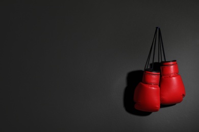 Photo of Pair of boxing gloves on grey background, space for text