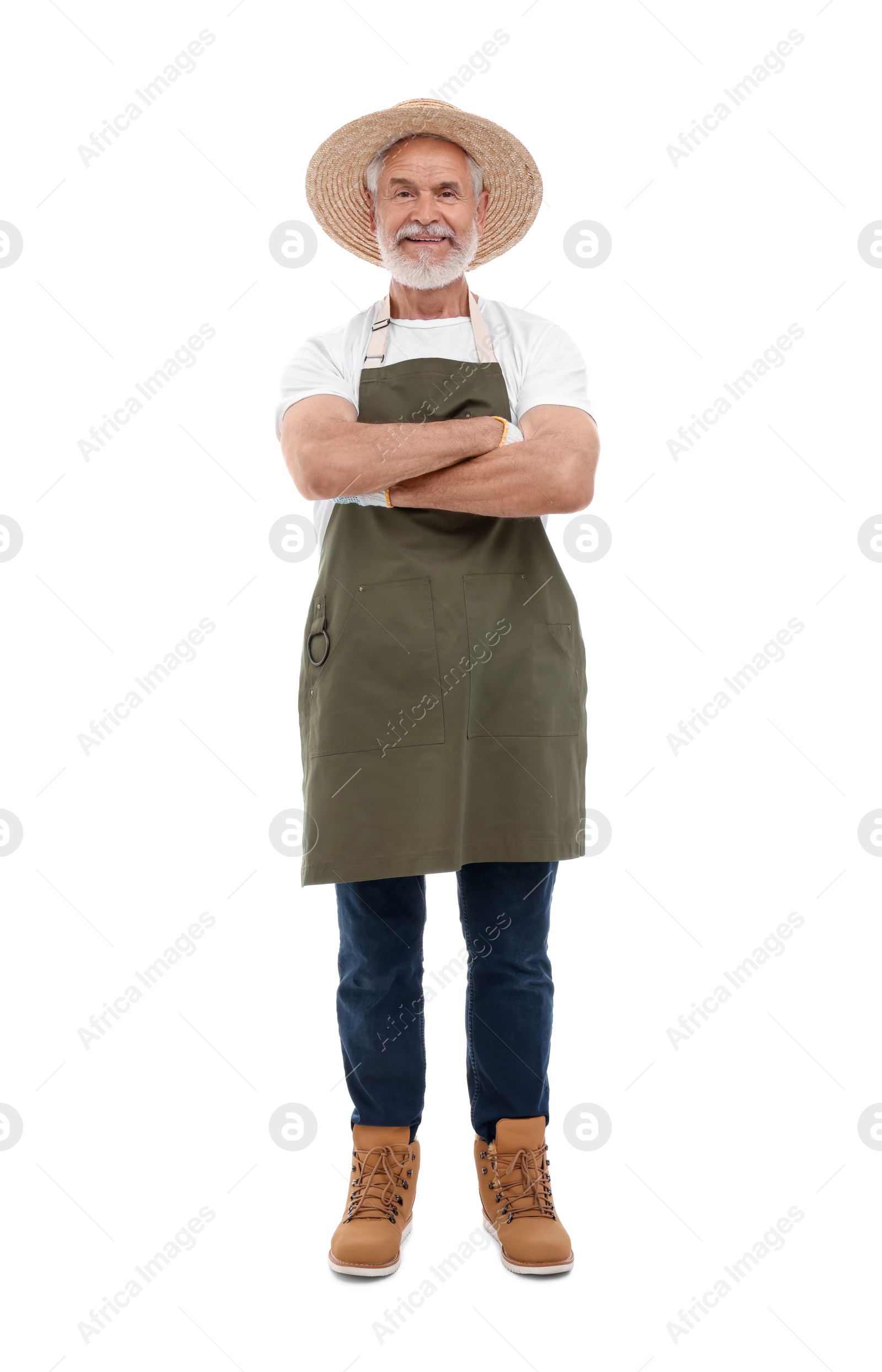 Photo of Harvesting season. Happy farmer with crossed arms on white background