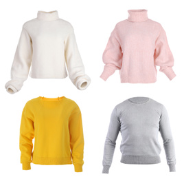 Image of Set of stylish warm sweaters on white background