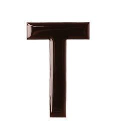Chocolate letter T on white background, top view