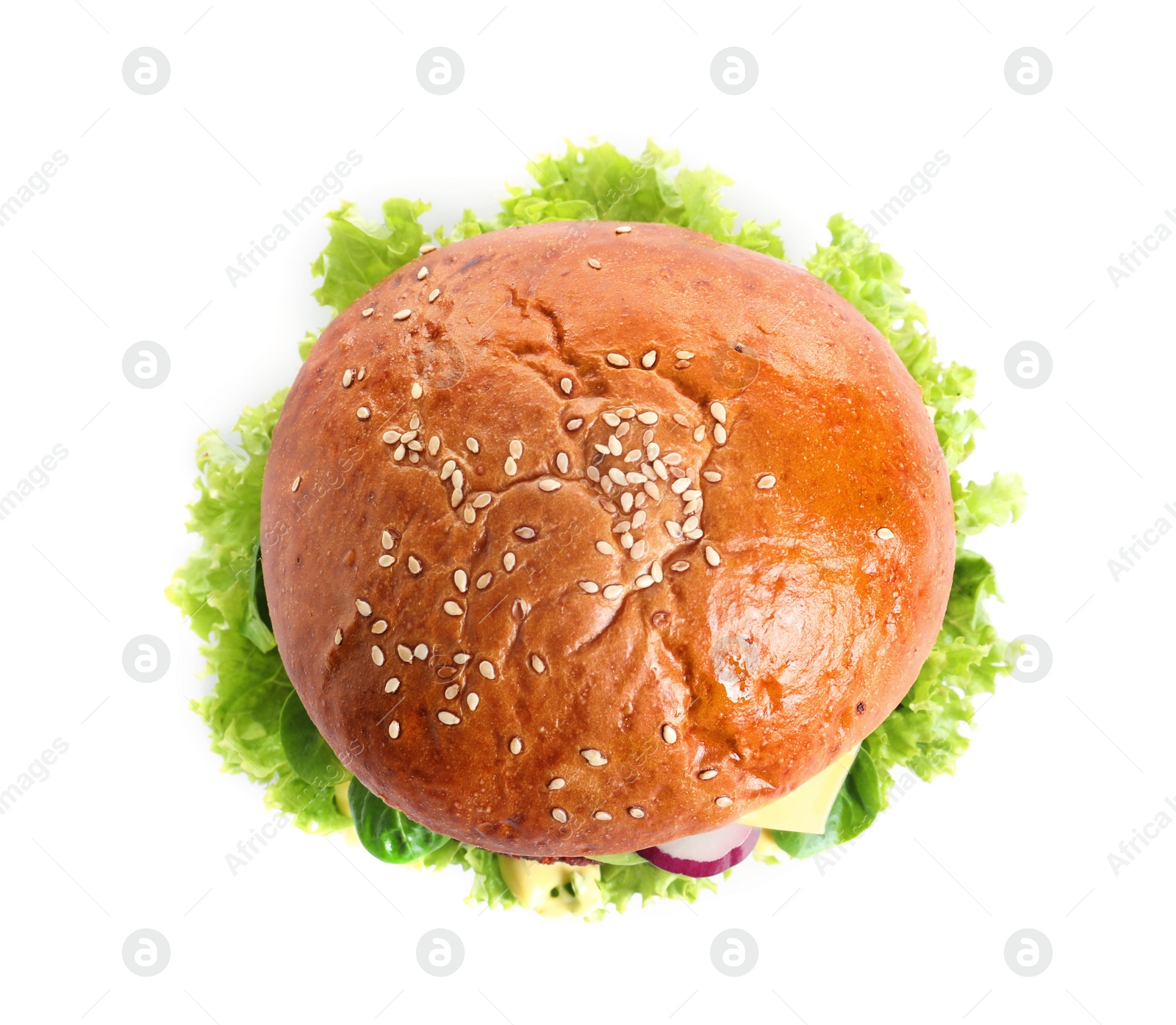 Photo of Tasty vegetarian burger on white background, top view