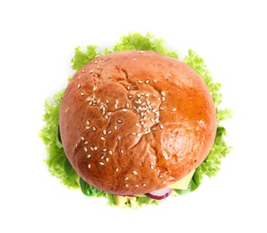 Photo of Tasty vegetarian burger on white background, top view