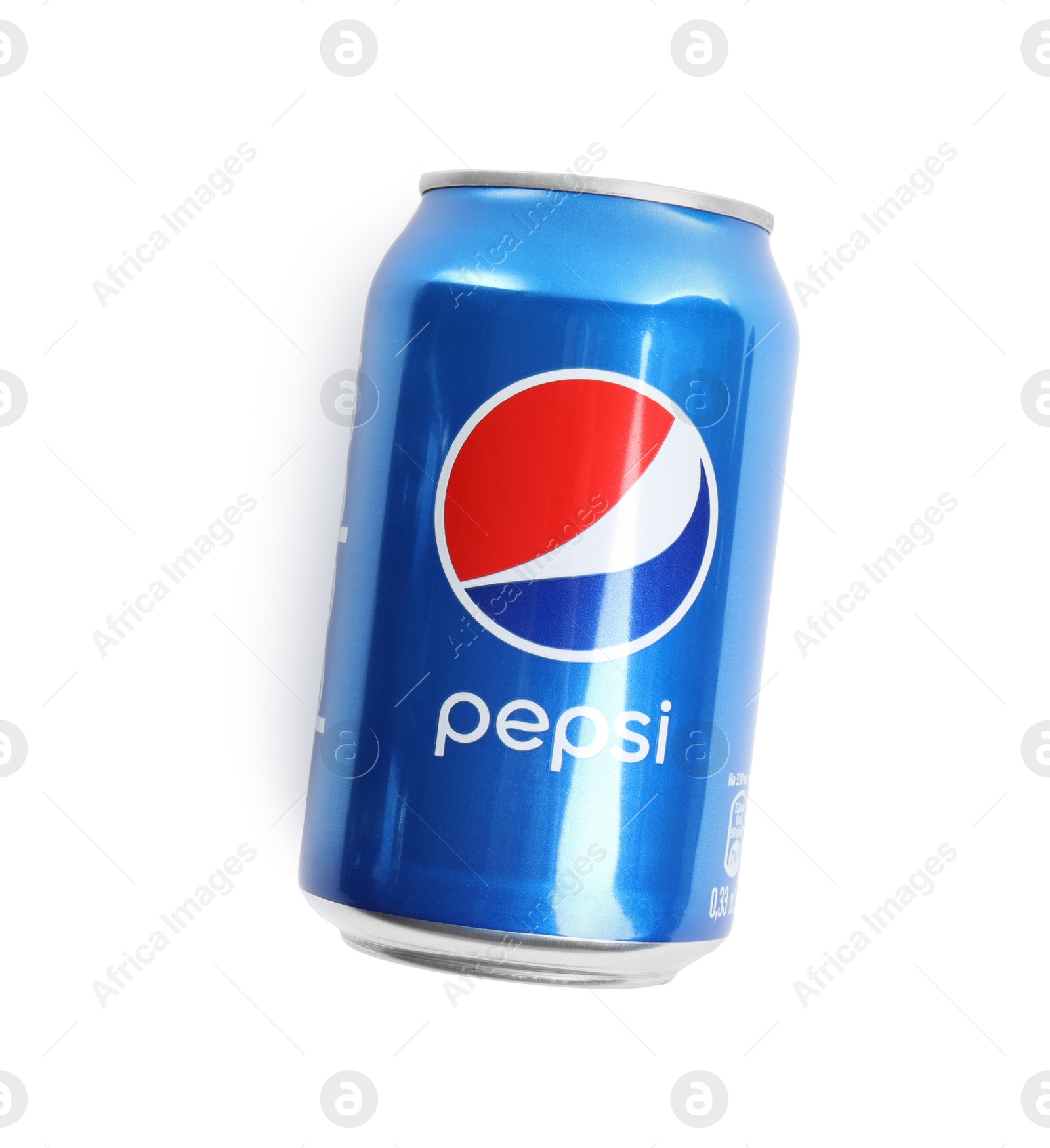 Photo of MYKOLAIV, UKRAINE - FEBRUARY 10, 2021: Can of Pepsi isolated on white, top view