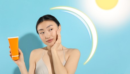 Image of Sun protection product as barrier against ultraviolet, banner design. Beautiful young woman applying sunscreen onto face against light blue background