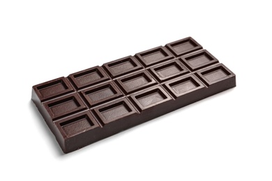 Tasty dark chocolate bar on white background