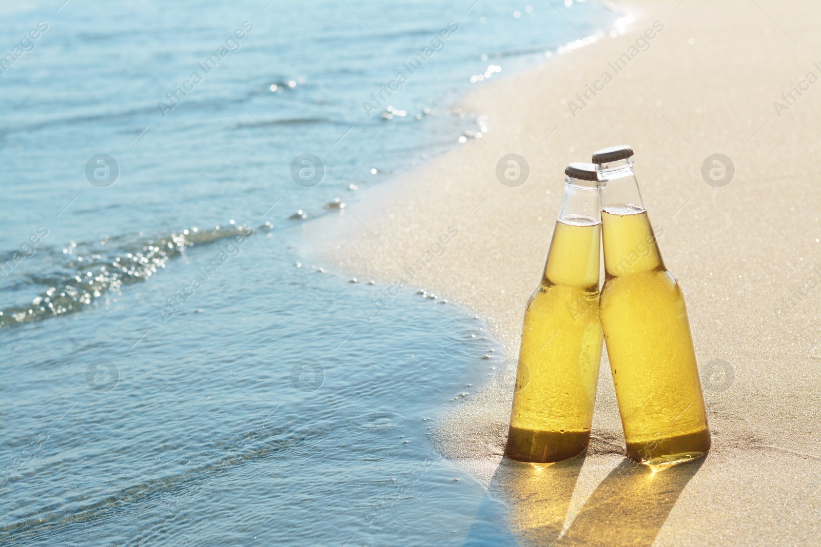 Photo of Bottles of cold beer on sandy beach near sea, space for text