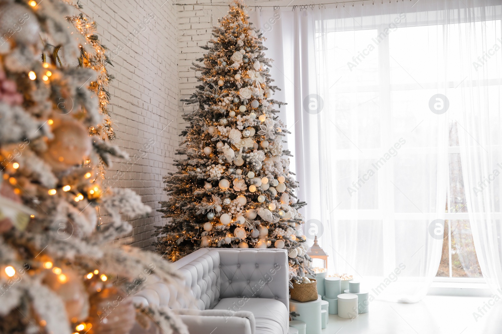 Photo of Beautiful interior of living room with decorated Christmas trees