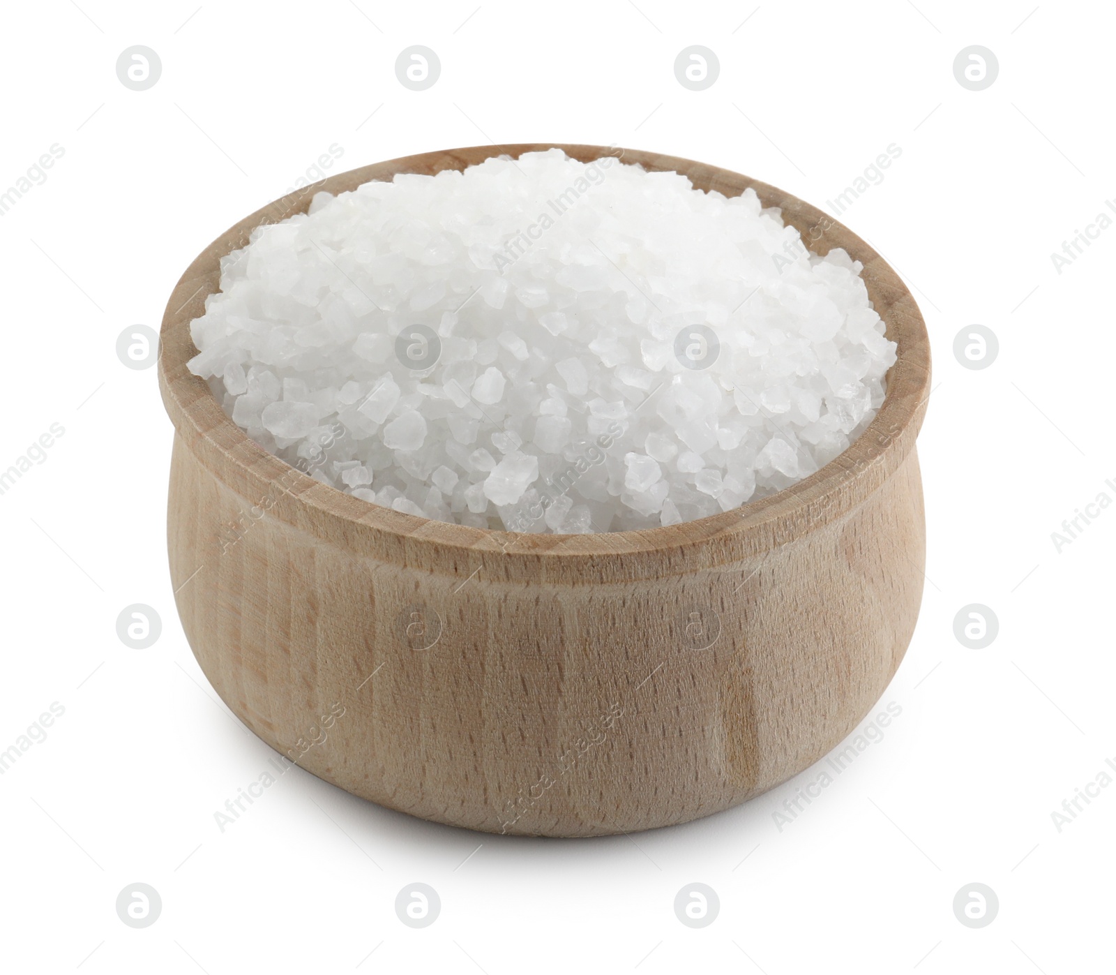 Photo of Natural salt in wooden bowl isolated on white