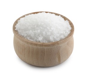 Photo of Natural salt in wooden bowl isolated on white