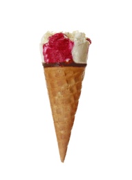 Photo of Woman holding waffle cone with delicious ice cream on white background