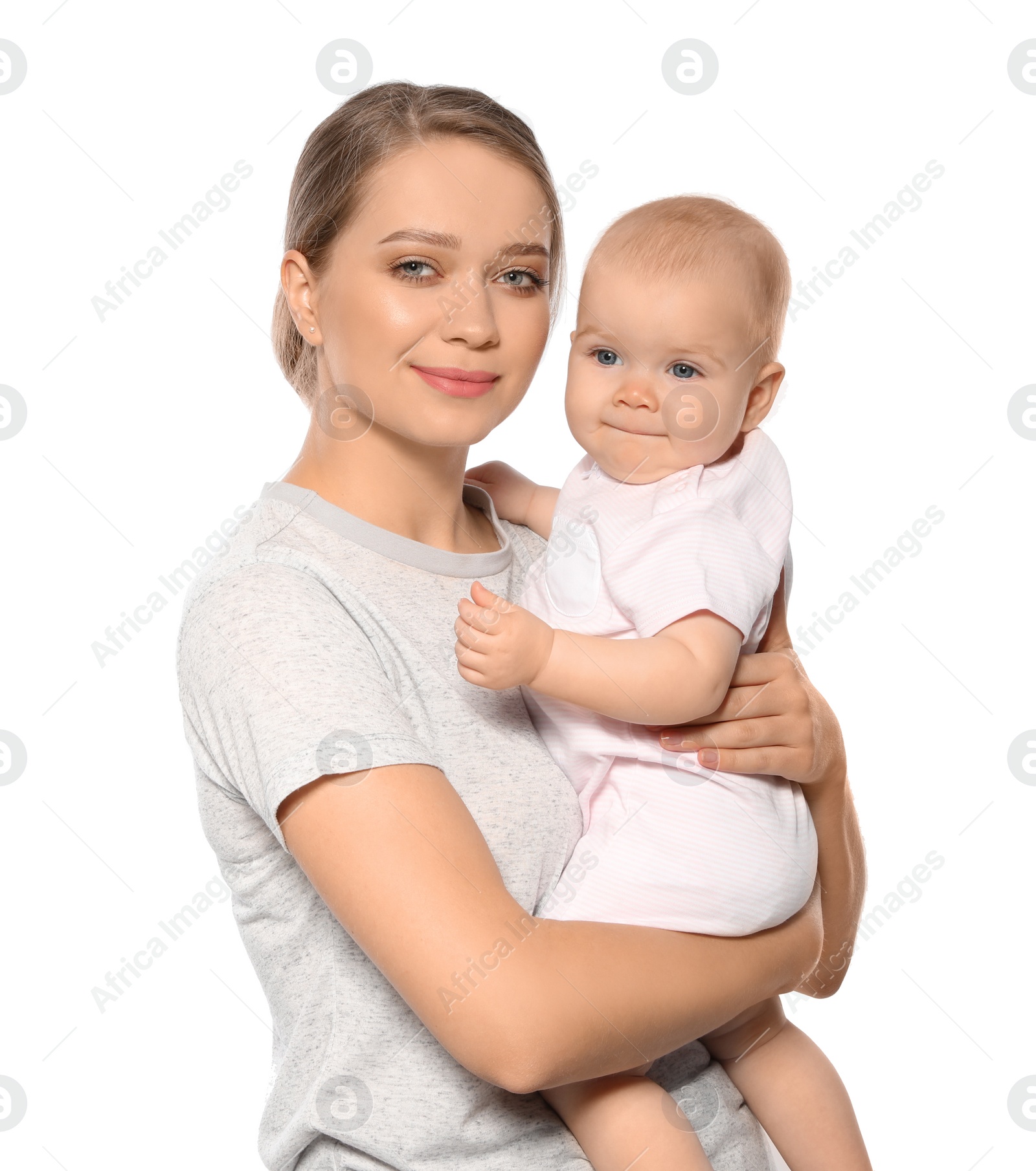 Photo of Portrait of happy mother with her baby isolated on white