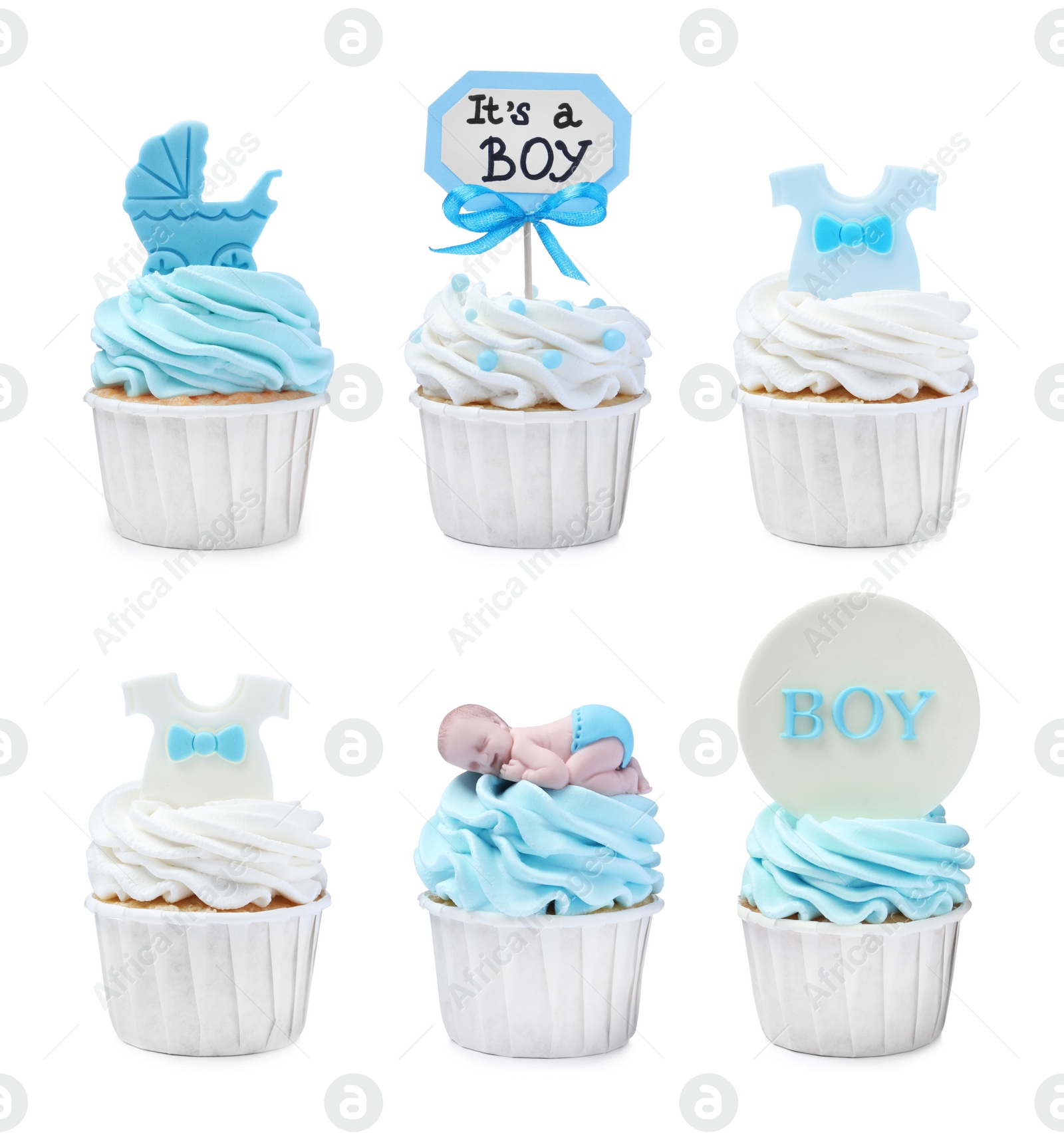 Image of Beautifully decorated baby shower cupcakes for boy on white background, collage