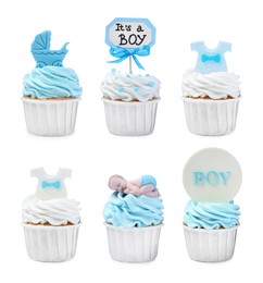 Image of Beautifully decorated baby shower cupcakes for boy on white background, collage