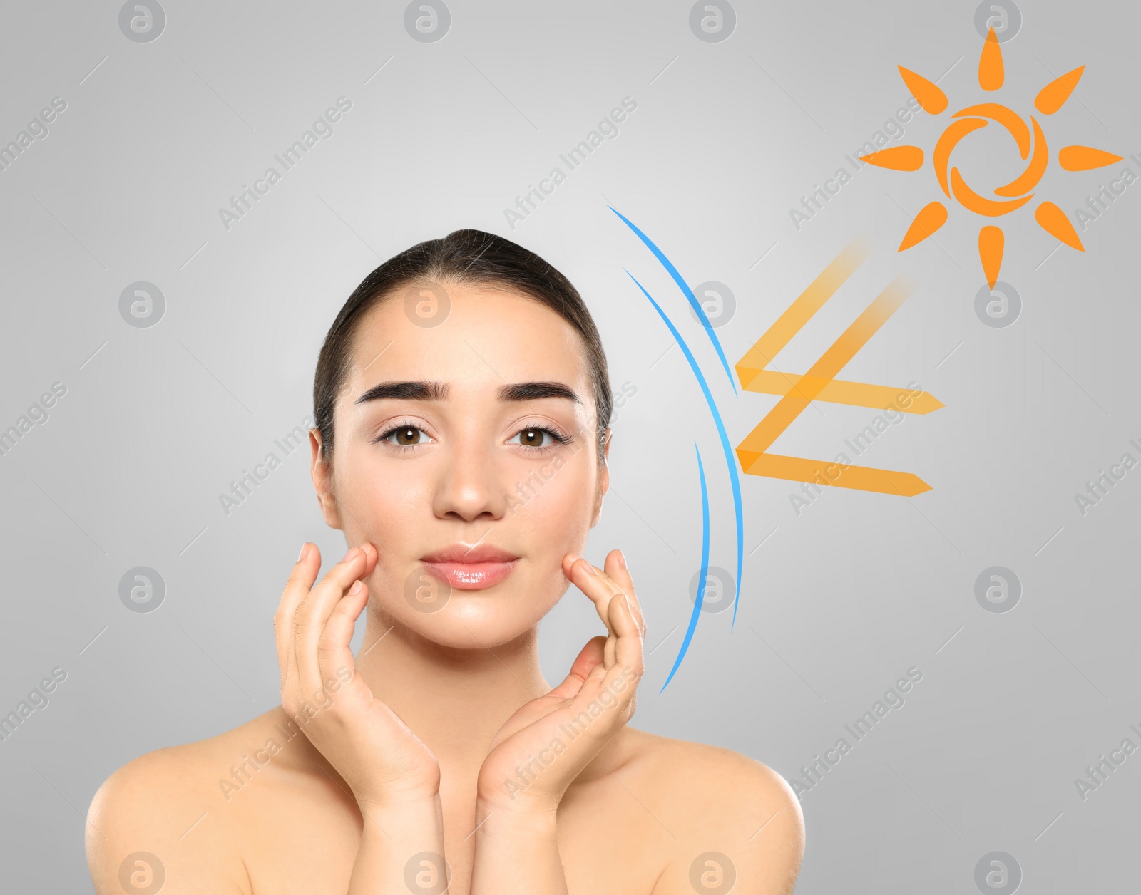 Image of Illustration of sun protection layer and beautiful young woman with healthy skin on grey background