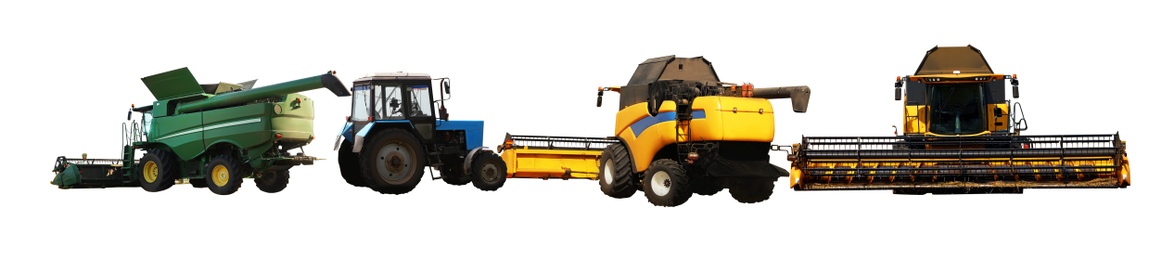 Image of Set of different agricultural machinery on white background. Banner design 