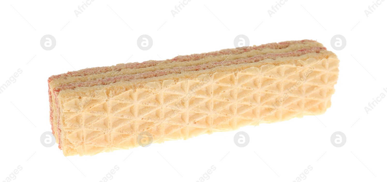 Photo of Wafer stick with pink filling isolated on white. Sweet food