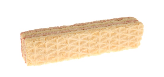 Photo of Wafer stick with pink filling isolated on white. Sweet food