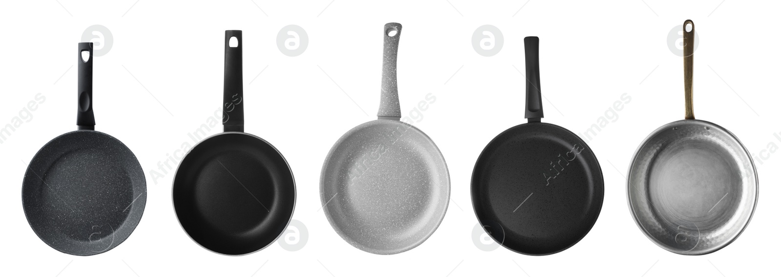 Image of Set with different frying pans on white background, top view. Banner design