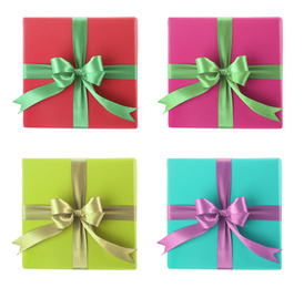 Image of Set of Christmas gift boxes on white background, top view