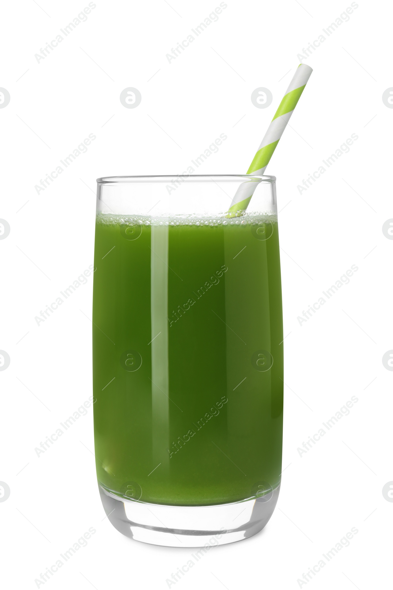 Photo of Glass of fresh celery juice on white background