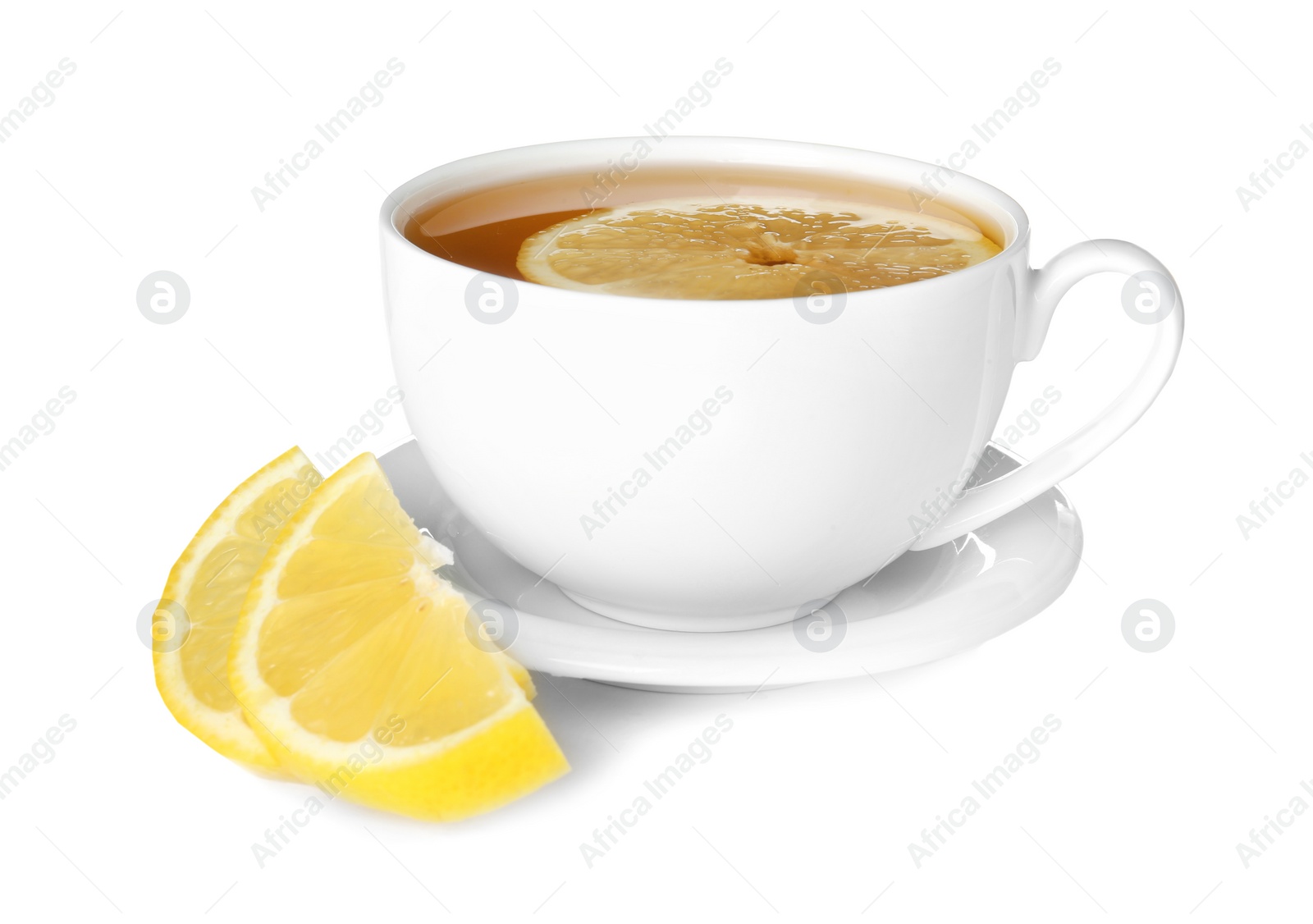 Photo of Cup of tea with lemon on white background