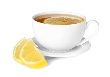 Cup of tea with lemon on white background