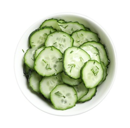 Photo of Delicious cucumber salad with dill in bowl on white background, top view