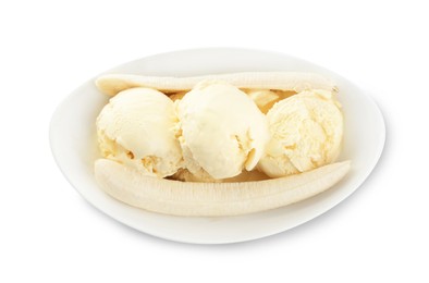 Delicious banana split ice cream isolated on white, top view