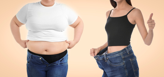 Image of Slim and overweight women on beige background, closeup. Banner design