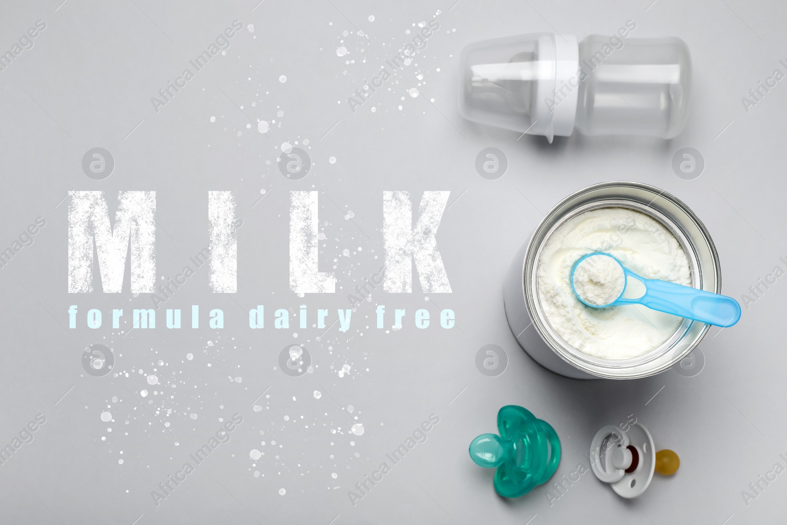 Image of Flat lay composition with powdered dairy free infant formula on light background. Baby milk