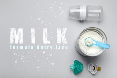 Image of Flat lay composition with powdered dairy free infant formula on light background. Baby milk