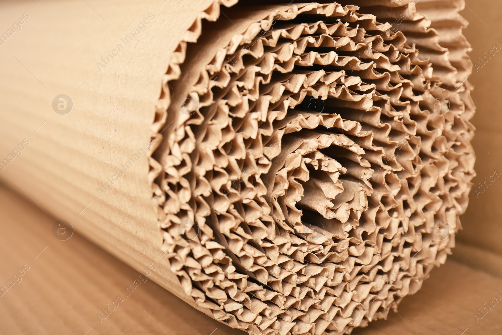 Photo of Roll of brown corrugated cardboard, closeup. Recyclable material