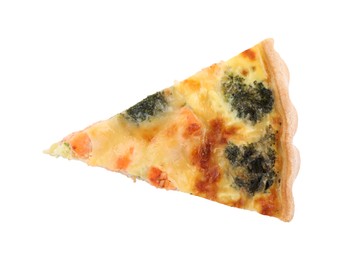 Piece of delicious homemade quiche with salmon and broccoli isolated on white, top view