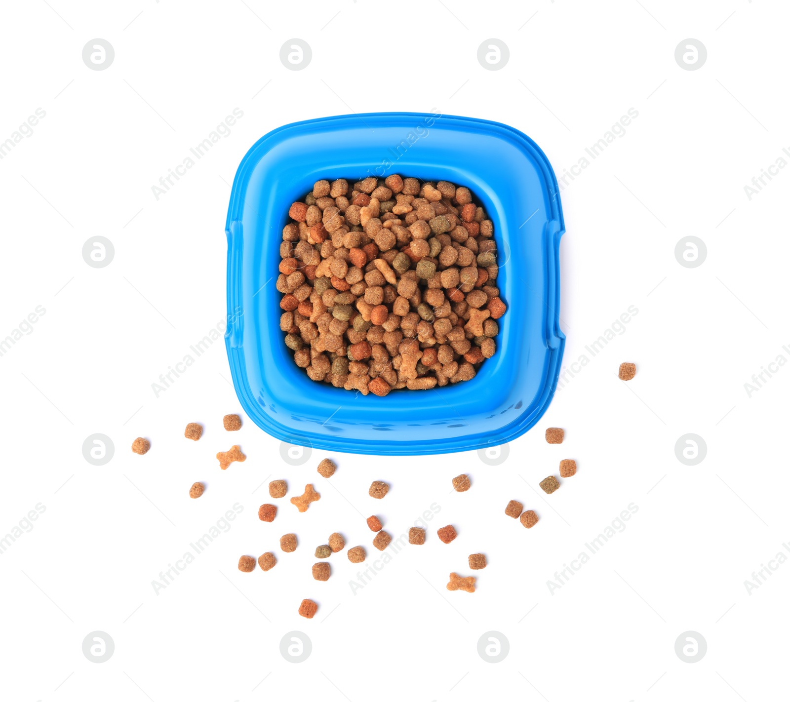 Photo of Dry pet food in feeding bowl isolated on white, top view