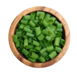 Photo of Wooden bowl with chopped fresh green spring onion on white background, top view