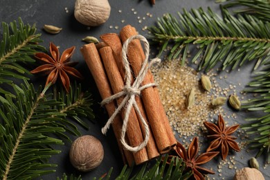 Different spices, nuts and fir branches on gray table, flat lay